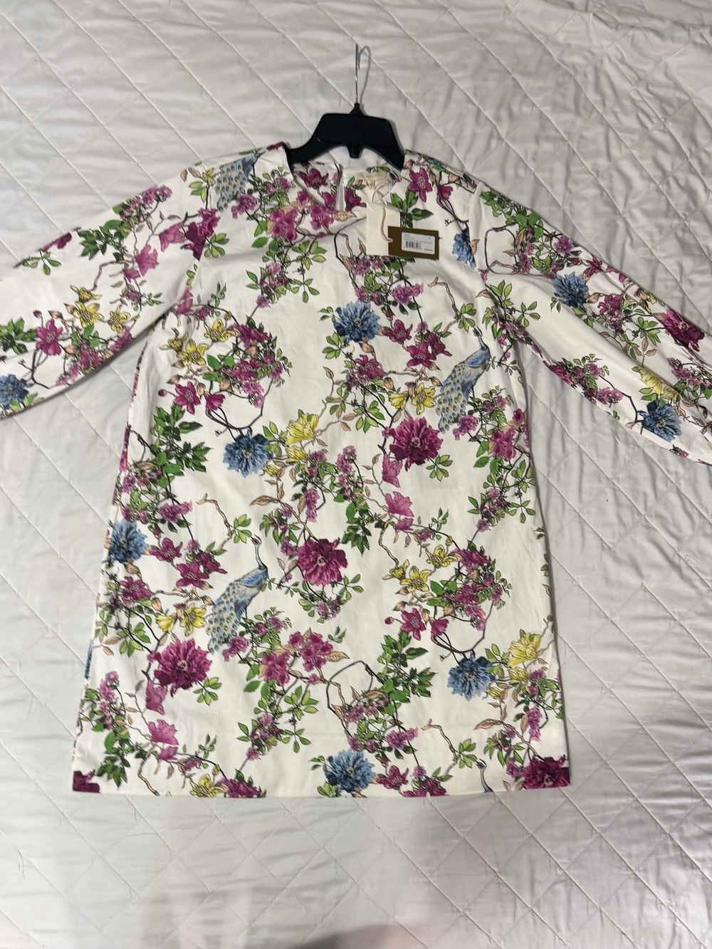 ANN MASHBURN White Long-Sleeve Shift Dress with Pink, Blue & Green Floral Print